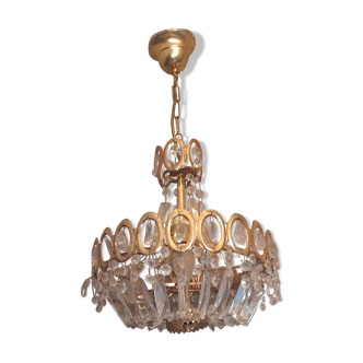 Chandelier basket 3 fires tassels bobbins and drops / golden metal vintage 1960