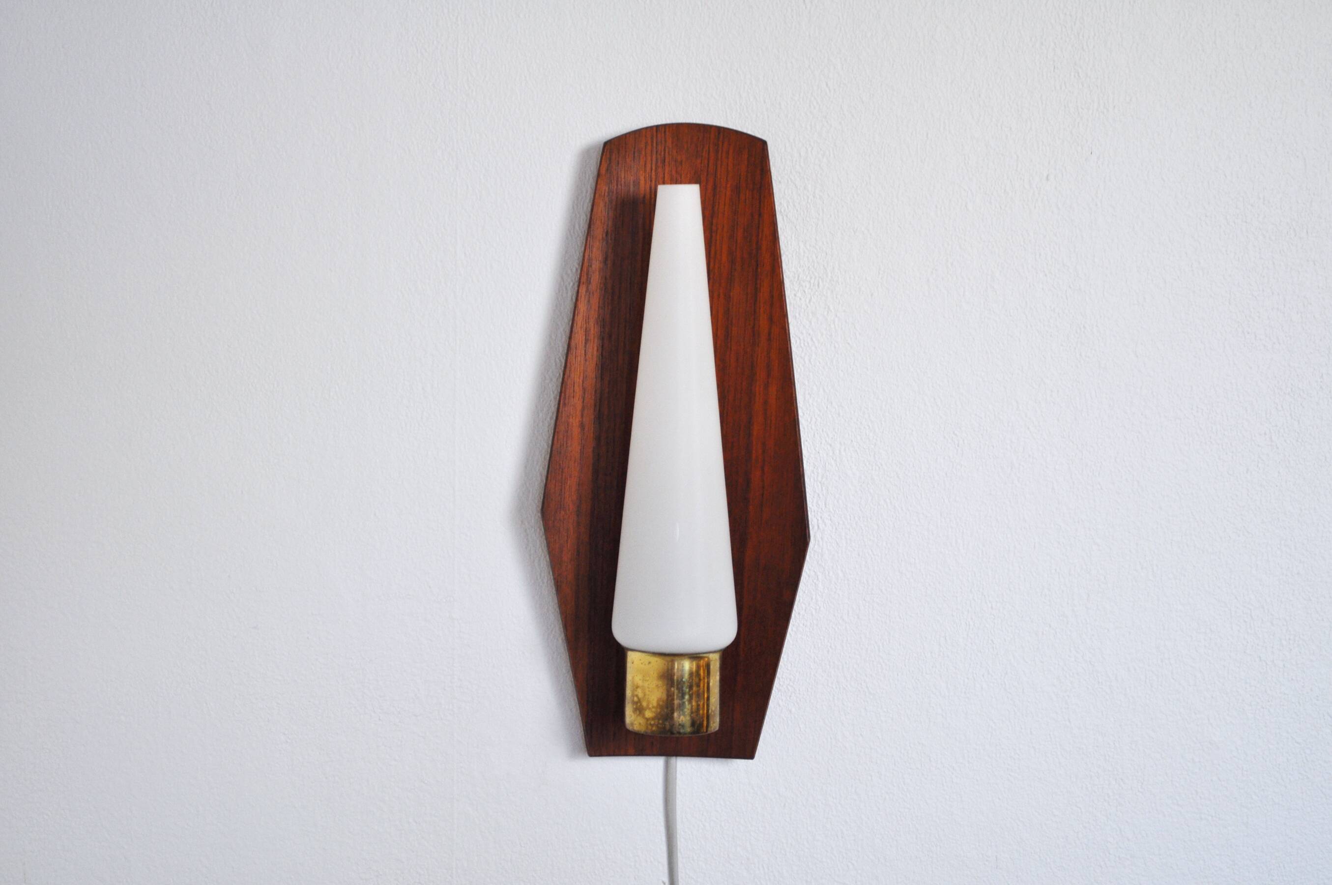 Scandinavian modern danish wall light in teak, brass and opaline glass, 1960s