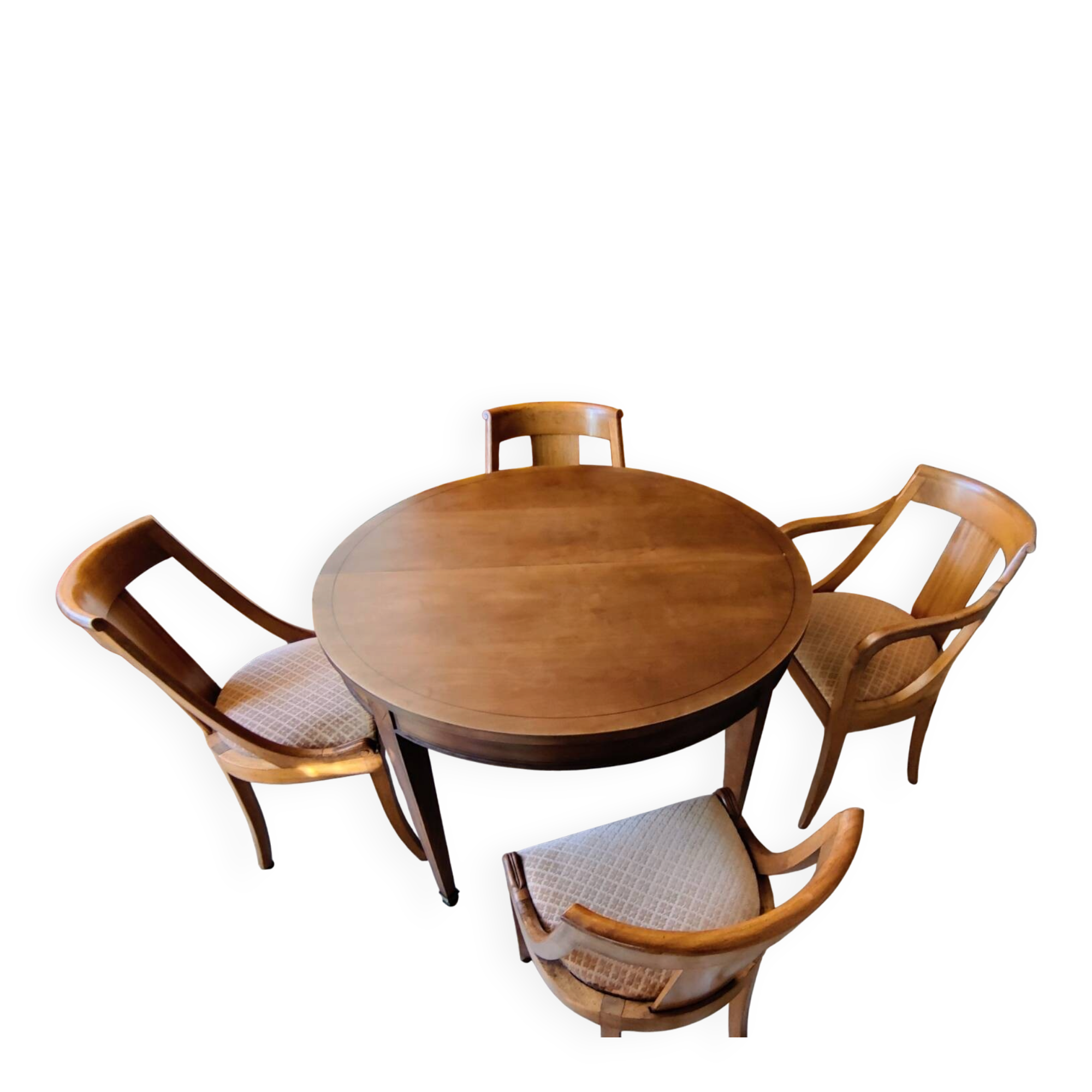 Round cherry table with extension, 3 chairs and 1 armchair.