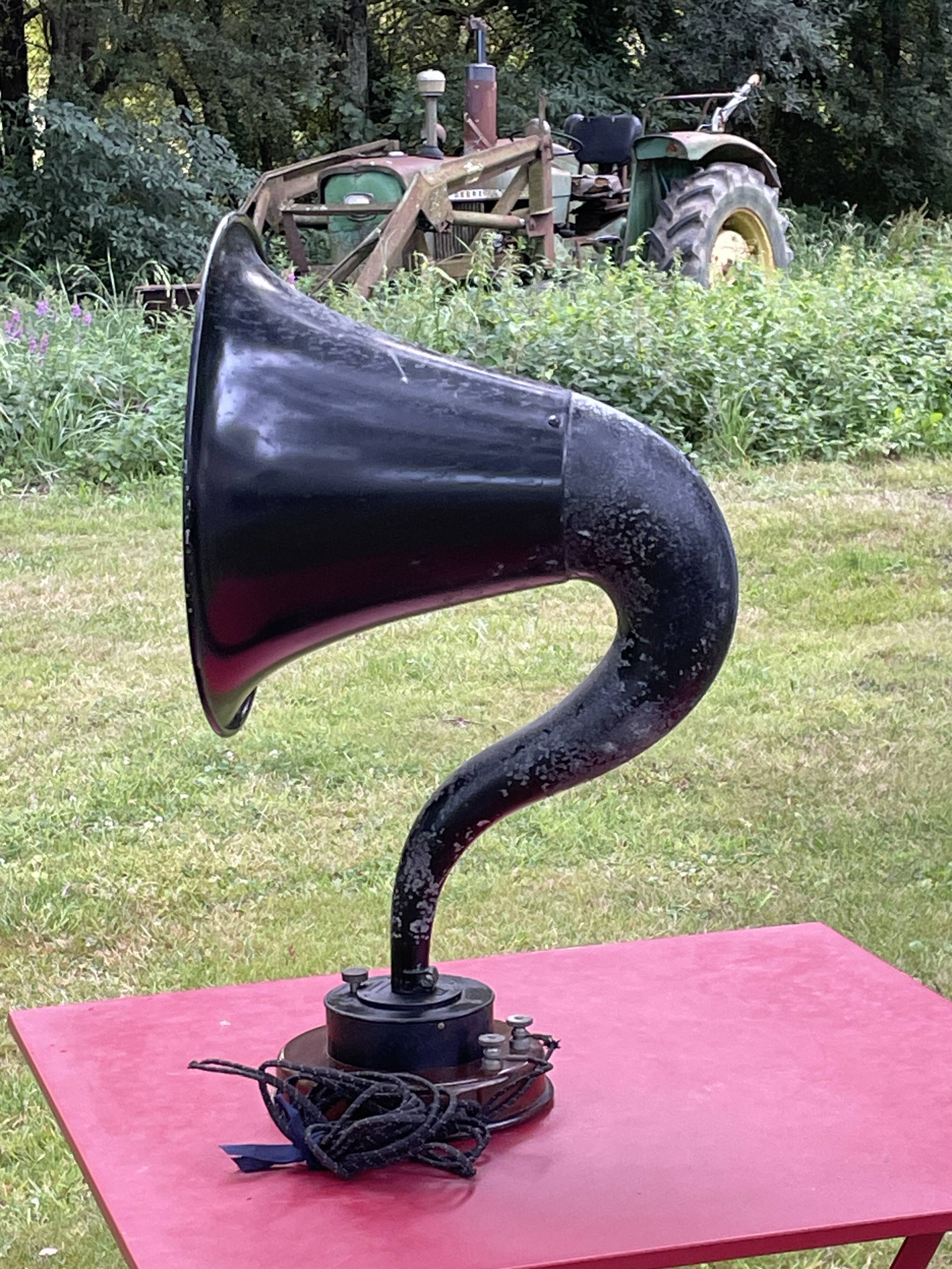 Brown, antique speaker, aluminum horn and wood, gooseneck