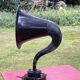 Brown, antique speaker, aluminum horn and wood, gooseneck