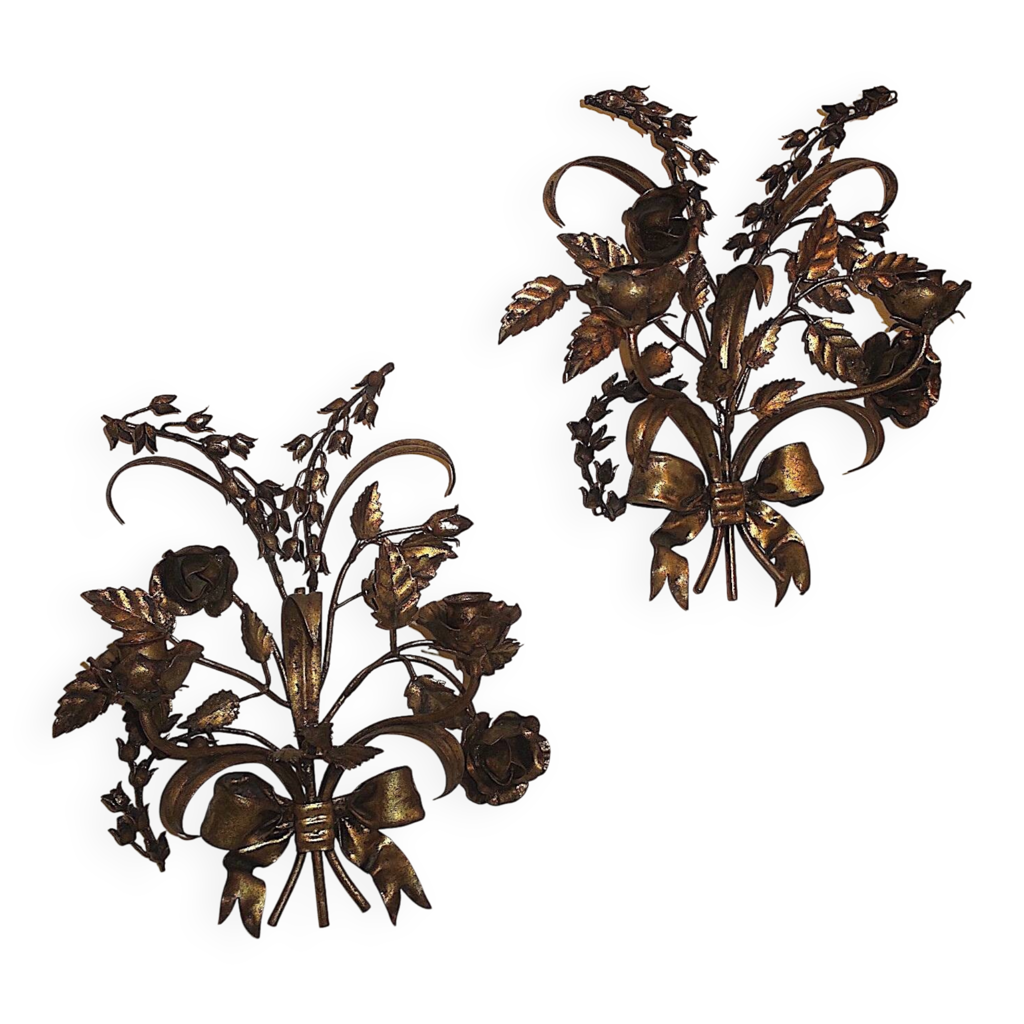 Pair of gold plated wall double candleholders with roses by Hans Kögl, 1960