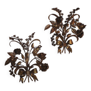 Pair of gold plated wall double candleholders with roses by Hans Kögl, 1960