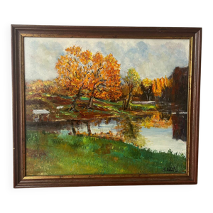Automne au lac, huile - toile
