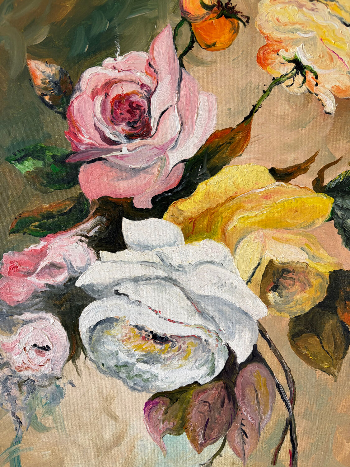 Autumn roses, oil on canvas signed Esterel.