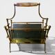 Exceptional magazine rack in brass, smoked glass and Onyx handle.