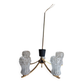 Lustre vintage 5 feux en verre moulé, métal doré et noir – années 60-70