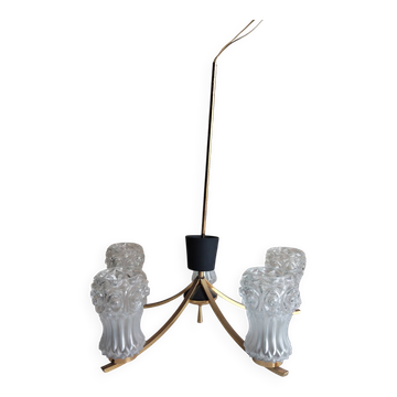 Lustre vintage 5 feux en verre moulé, métal doré et noir – années 60-70