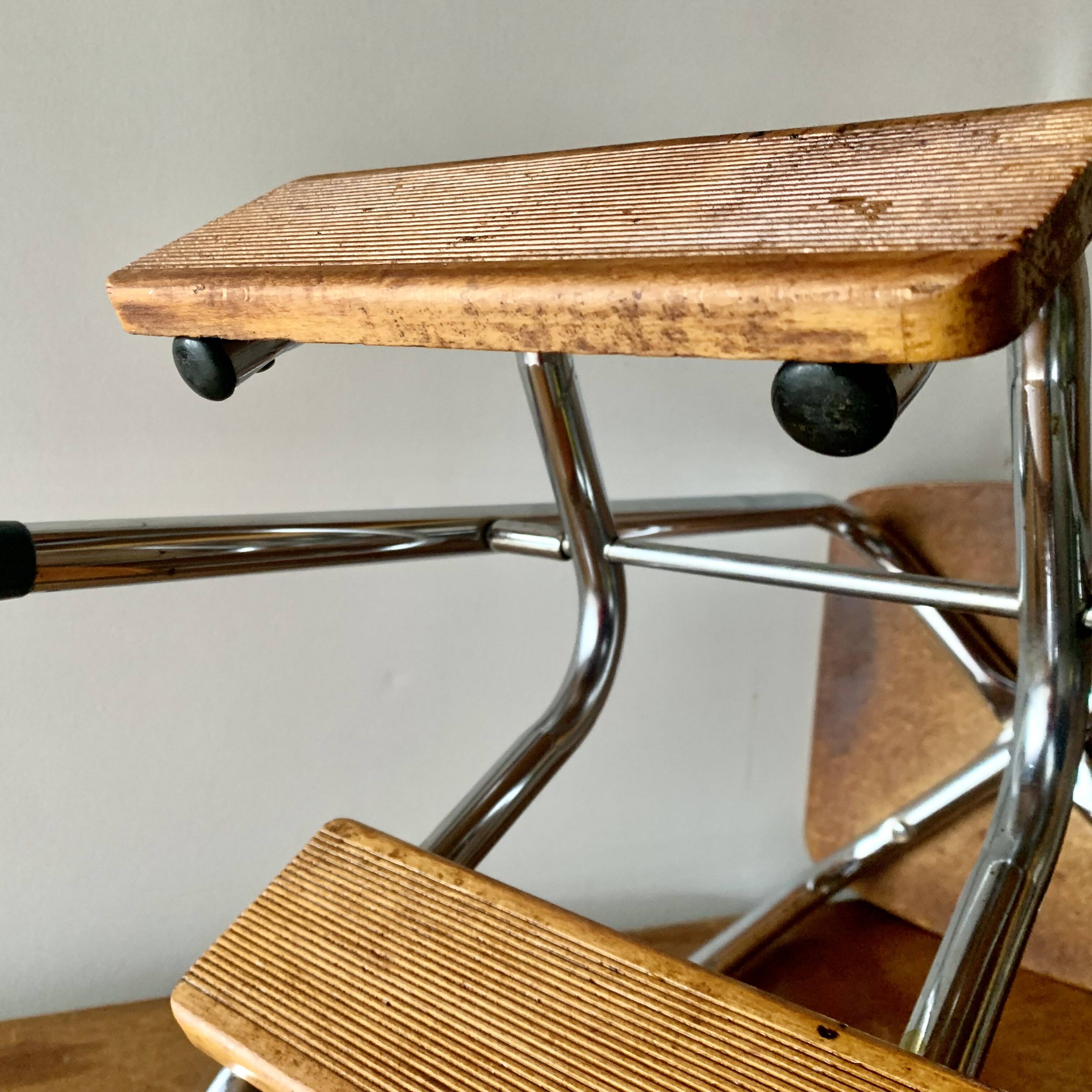 Vintage step stool in brown formica and chrome steel