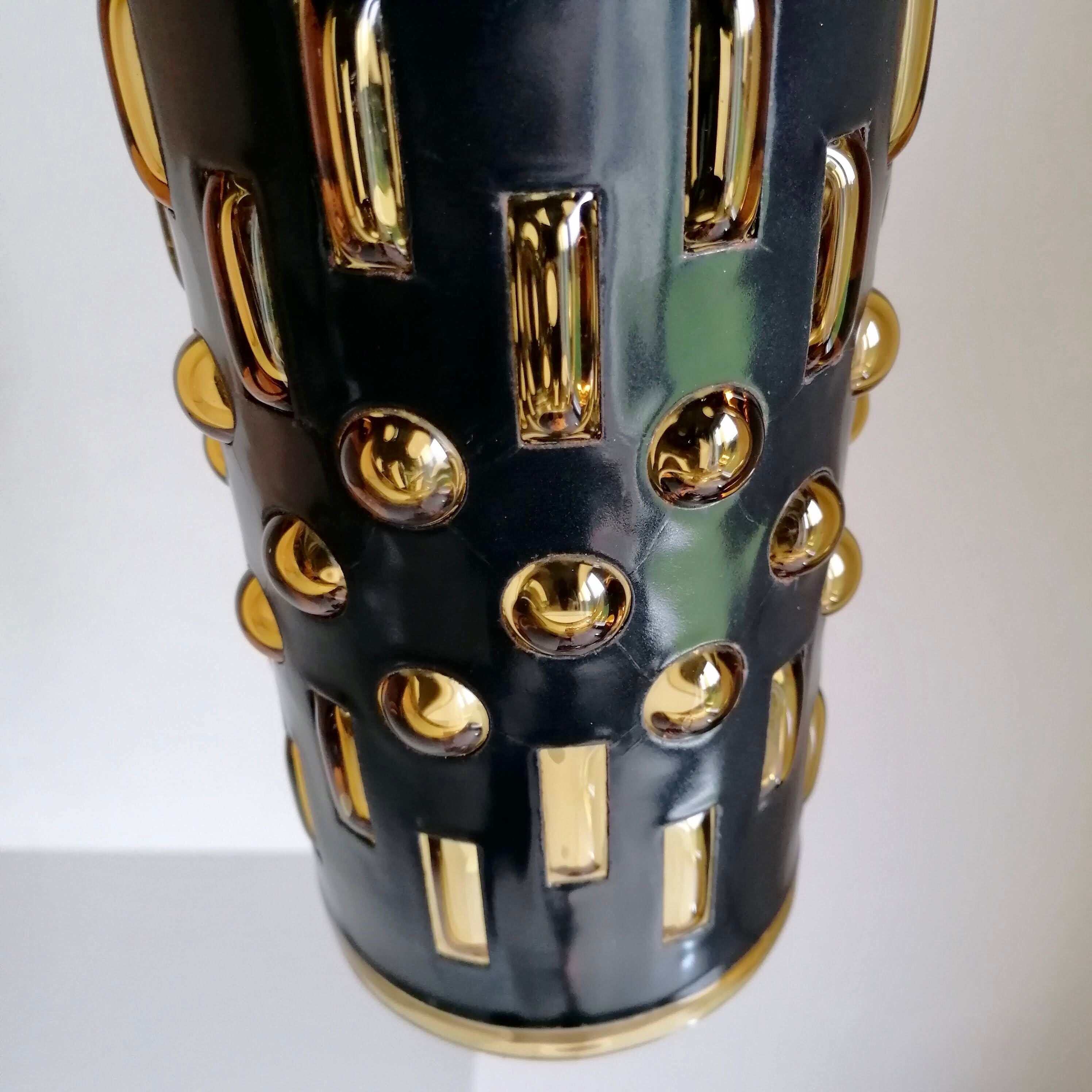 Amber blown glass and midnight blue metal hanging lamp 1960