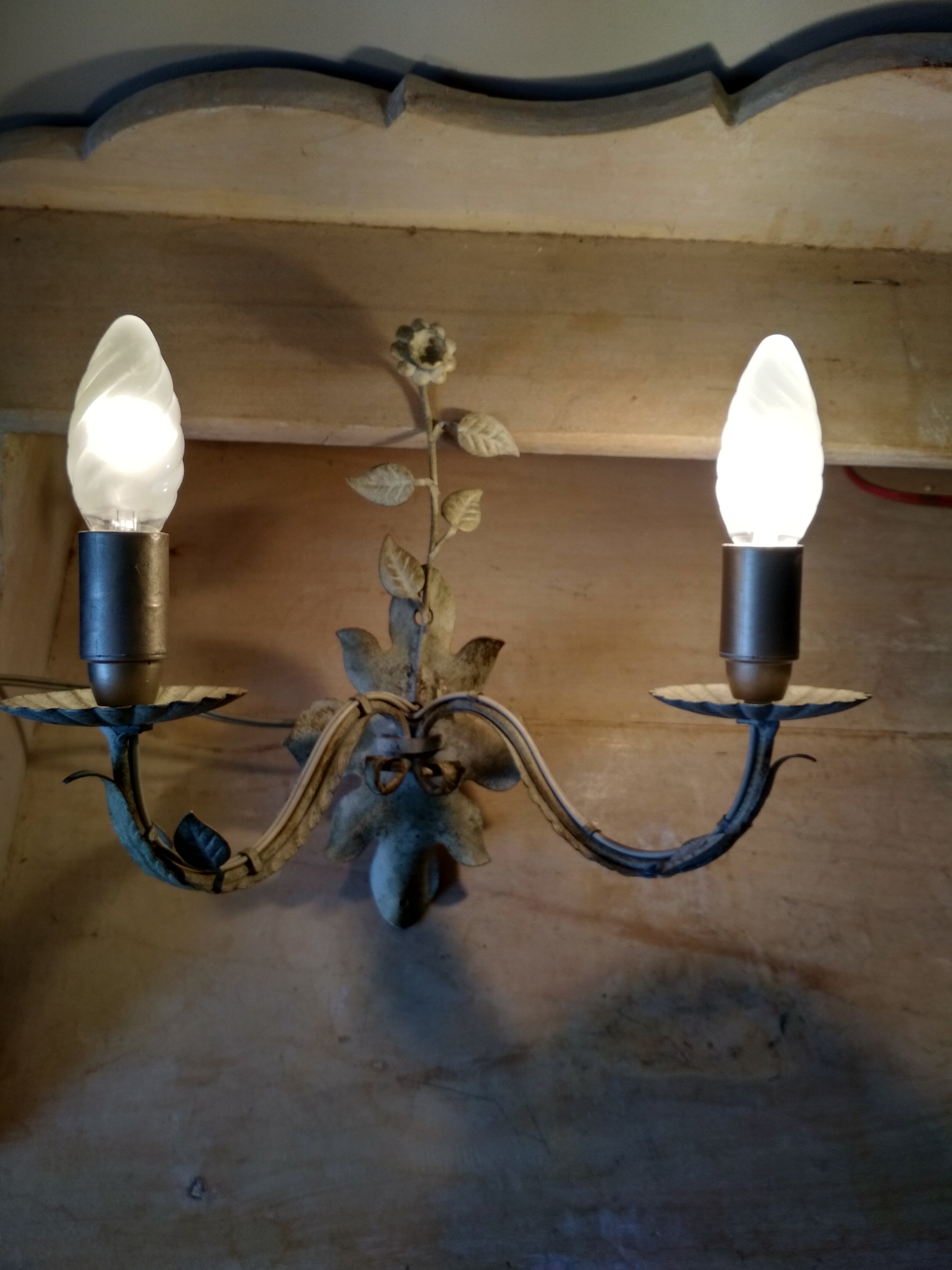White glazed metal wall light with leaf and flower decor, 2 lights