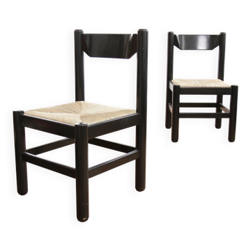 Set of 2 black rush dining chairs – Magistretti / Perriand style, 1970s