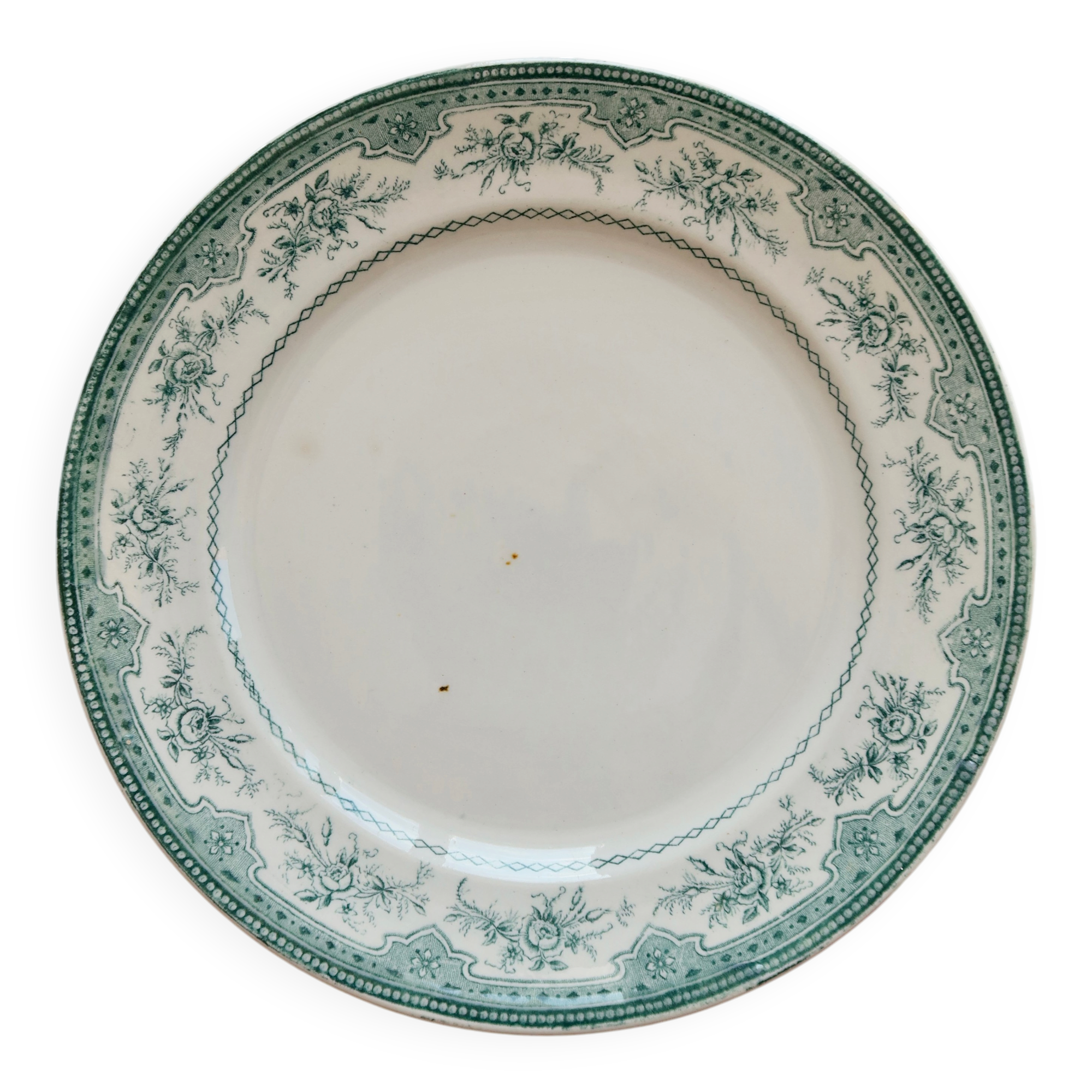 Antique flat plate, ironstone, Onnaing, Roses Mousses pattern.