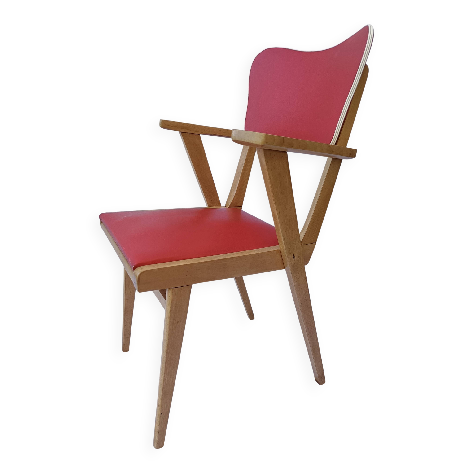 1960s wooden chair with armrests and faux leather seat
