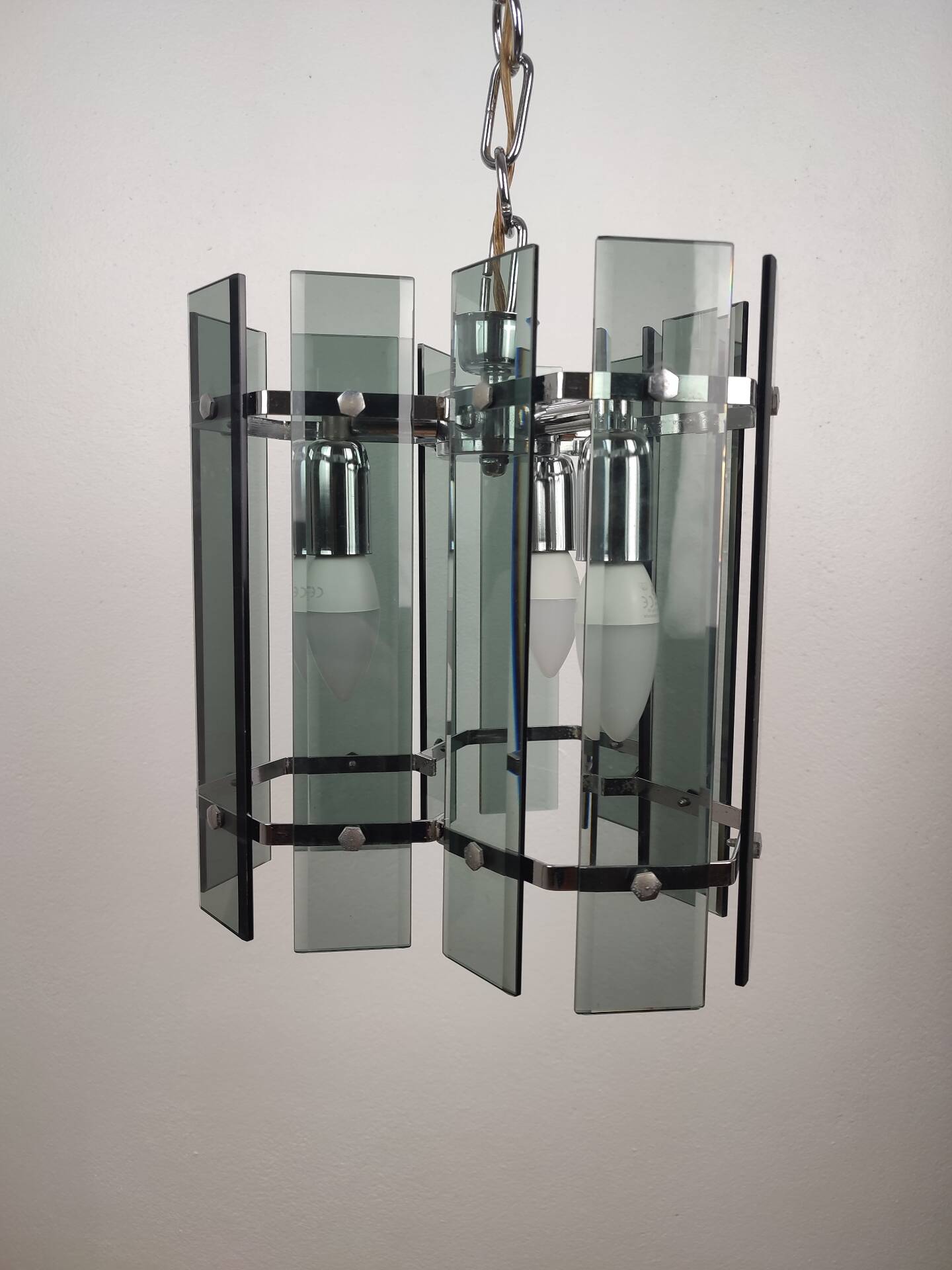 Mid-Century Suspension in Smoked Glass and Chrome Metal, Veca Style