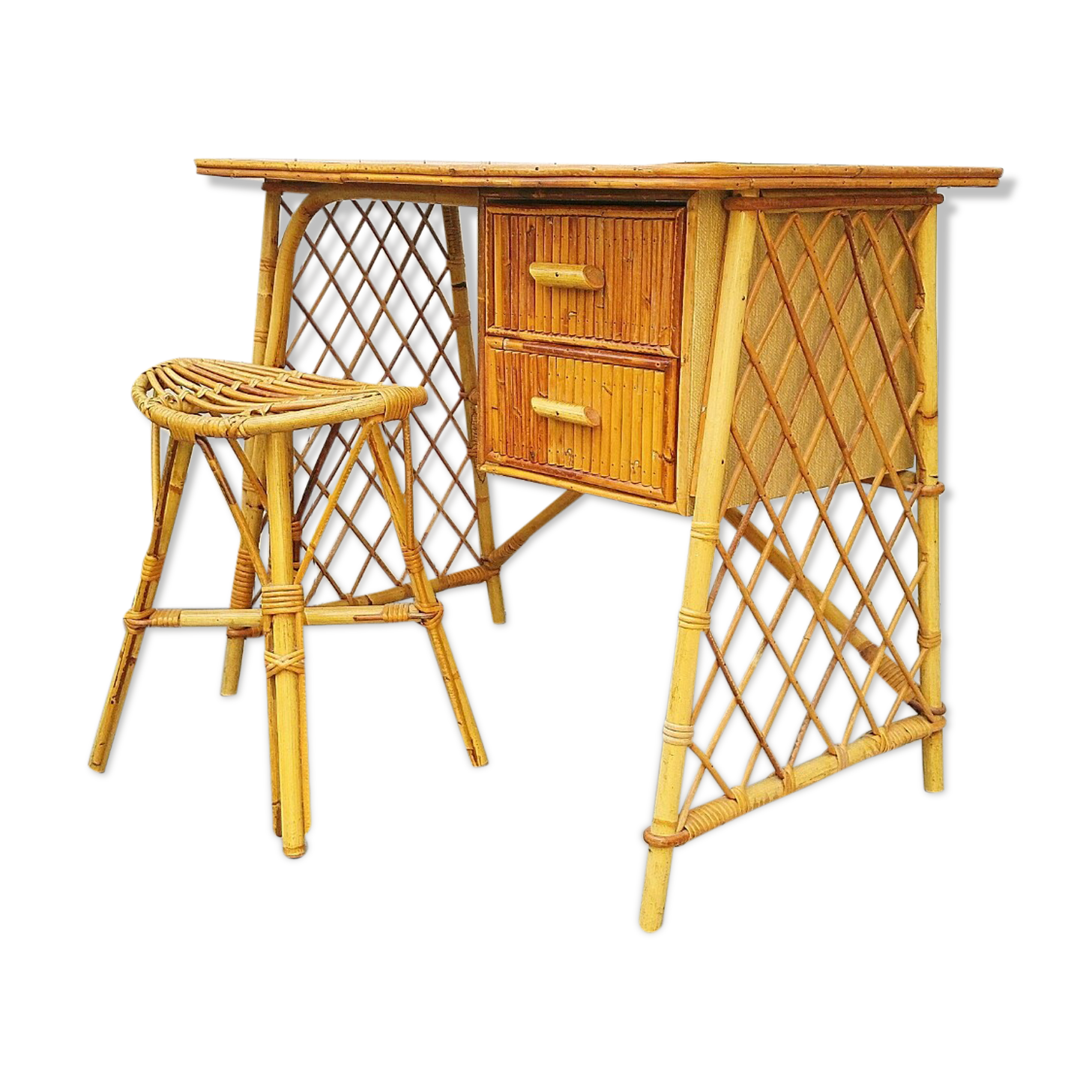 Vintage Louis Sognot rattan desk and stool