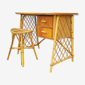 Bureau rotin et tabouret Louis Sognot vintage