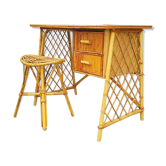 Vintage Louis Sognot rattan desk and stool
