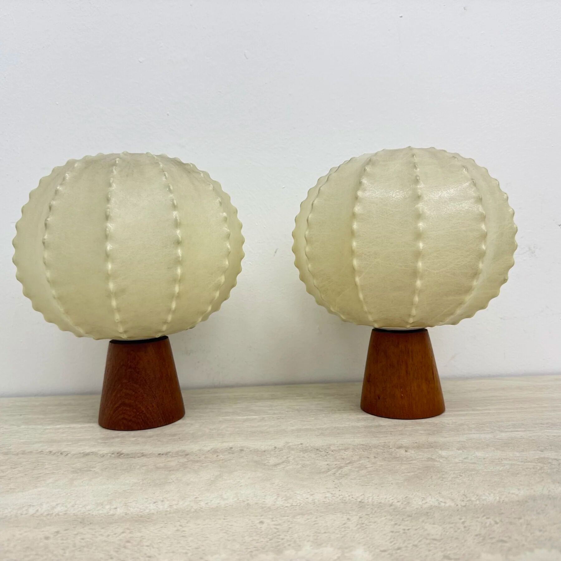 Pair of Goldkant Leuchten cocoon with teak base table lamps, 1970s