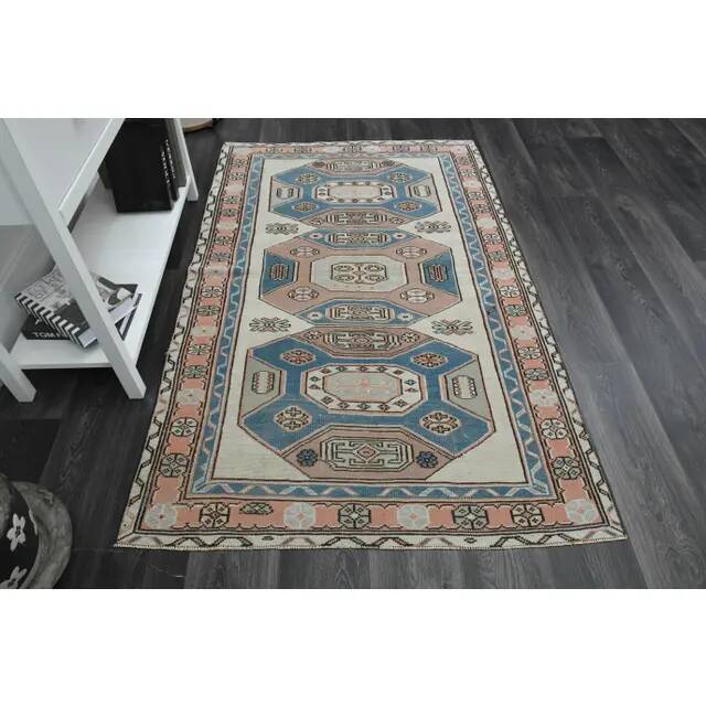1970s Vintage Turkish Handmade Wool & Cotton Beige Area Rug 115x183