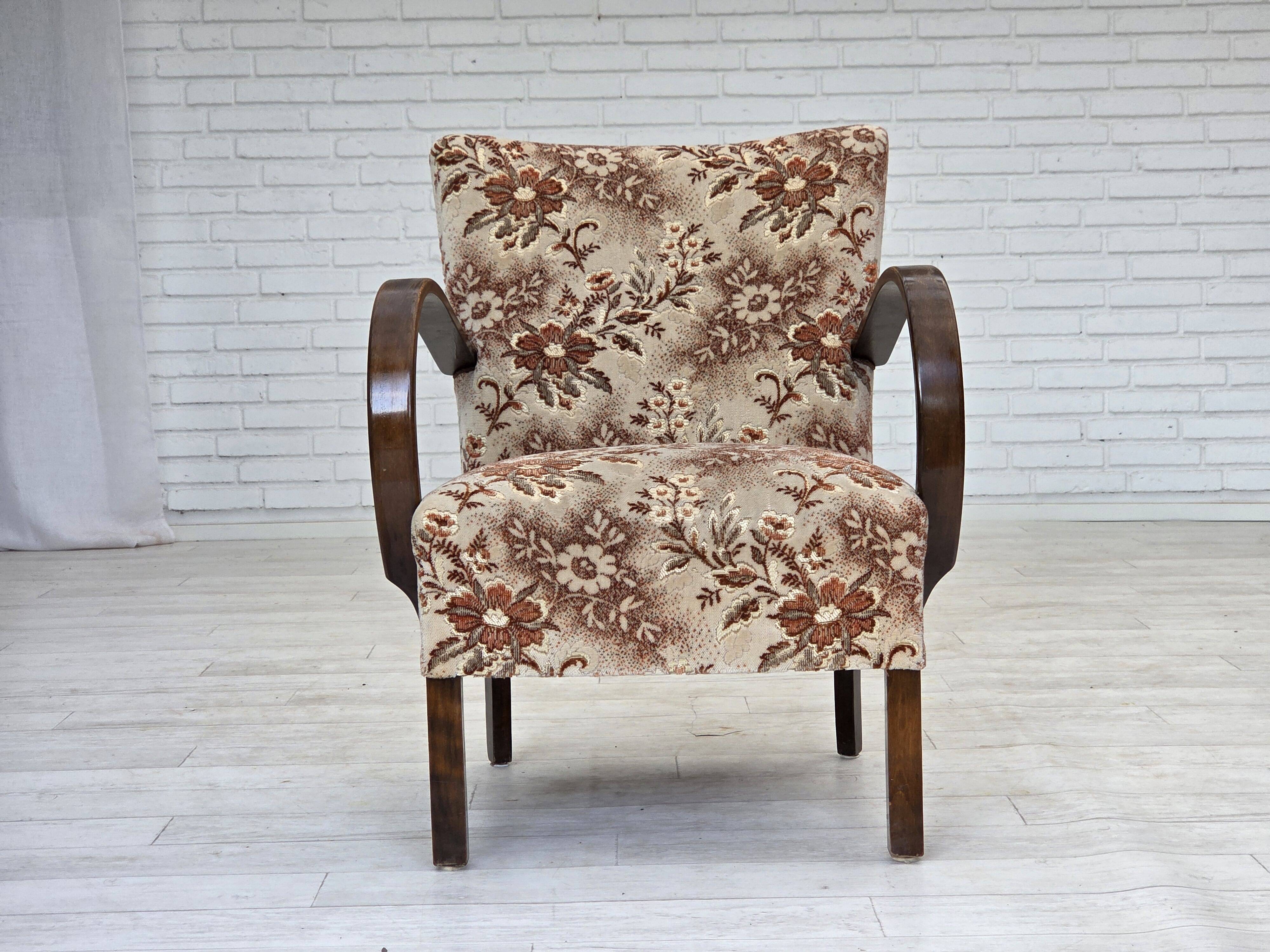 1950s, Danish artdeco armchair, furniture velour, beech wood, reupholstered