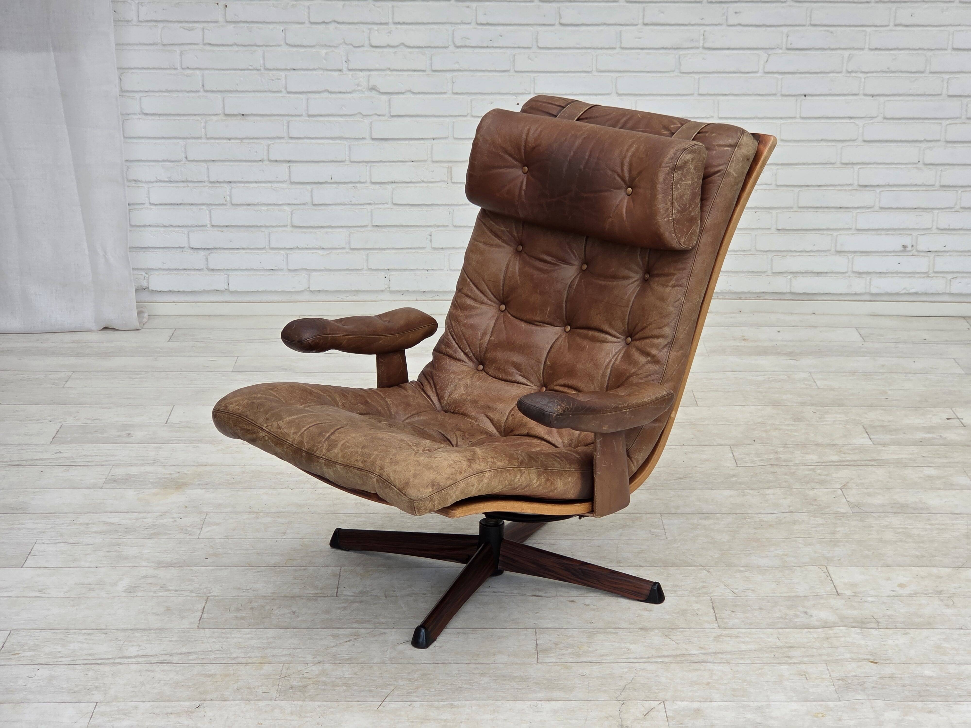 1960s, Scandinavian swivel armchair, brown furniture leather.