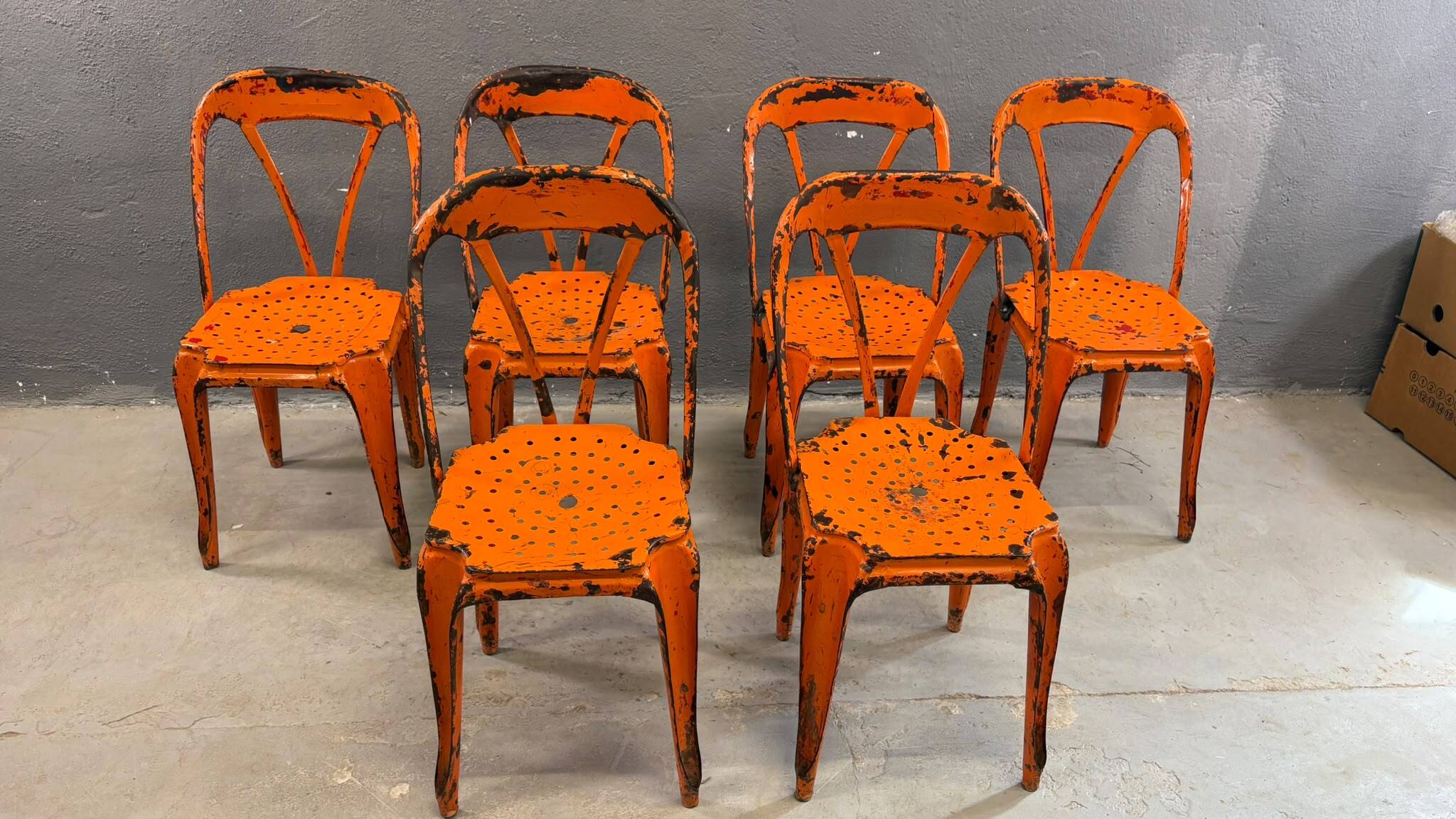 Set of 6 industrial metal dining chairs by Joseph Mathieu, painted steel, 1920s, France