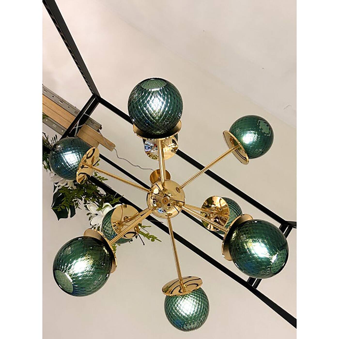 Italian Gold Chandelier Sputnik in Murano Glass Style Green "Balloton"