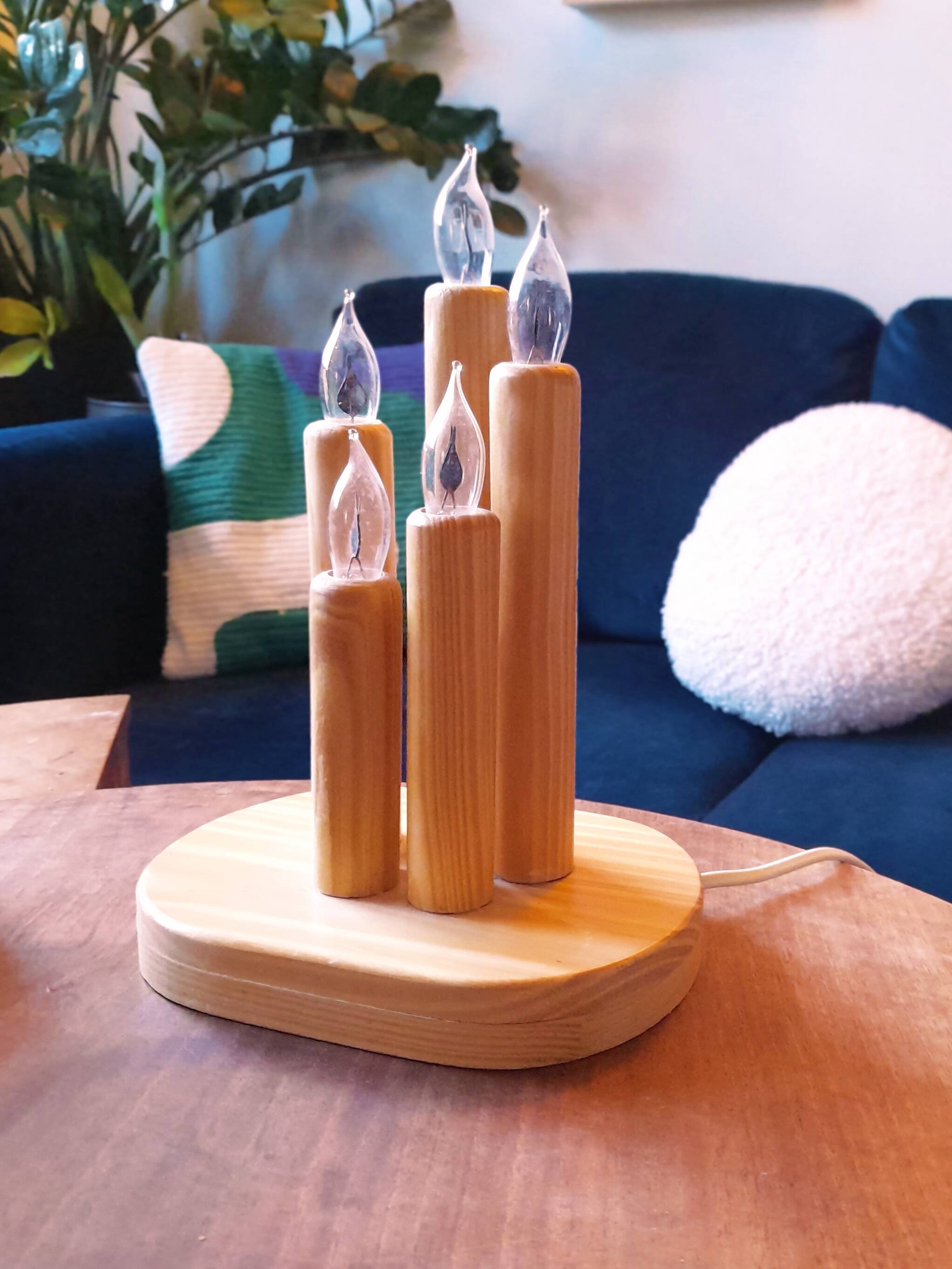 Vintage Swedish pine electric candelabra, 70s/80s