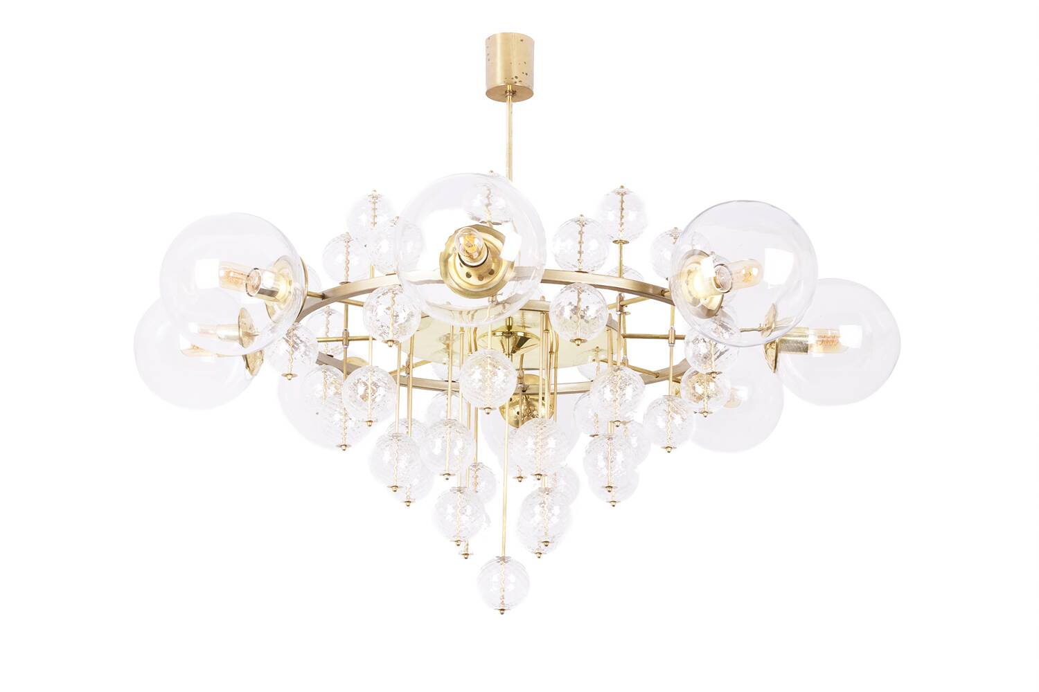 Large chandelier in gilded brass with decorative balls. 1970s.