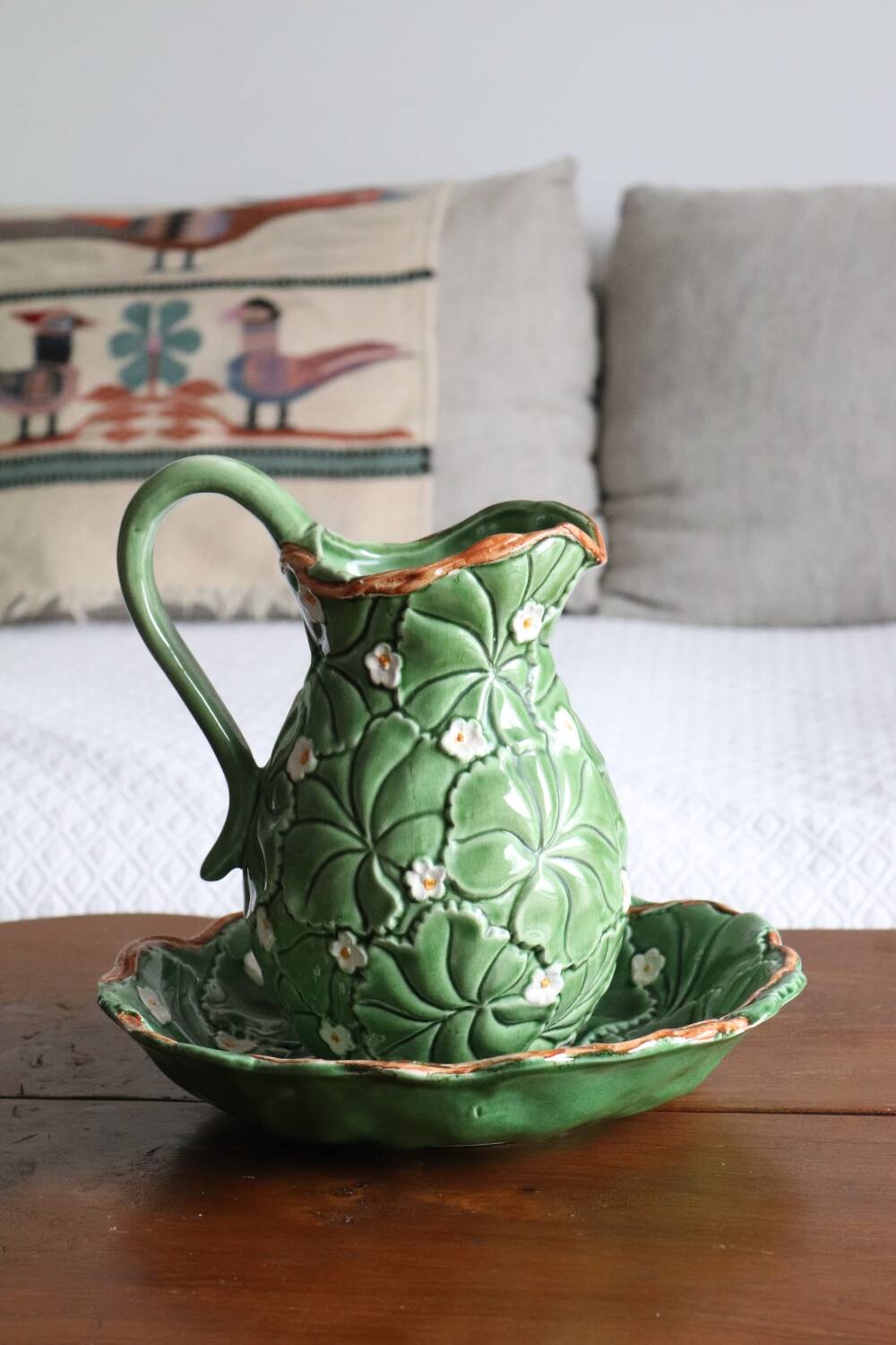 Pitcher and dish in strawberry leaf and flower slip