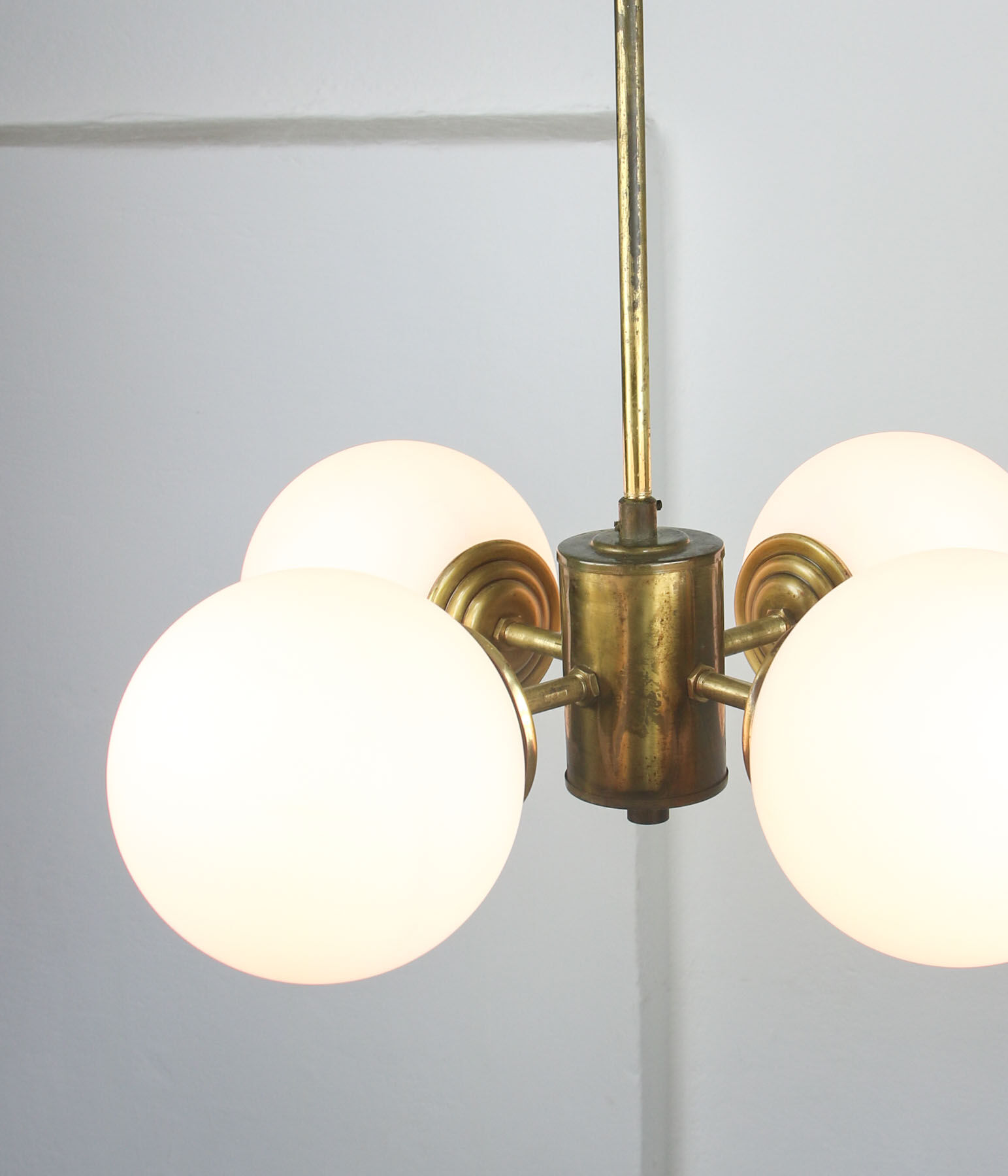 Mid-century Brass and Opaline Chandelier