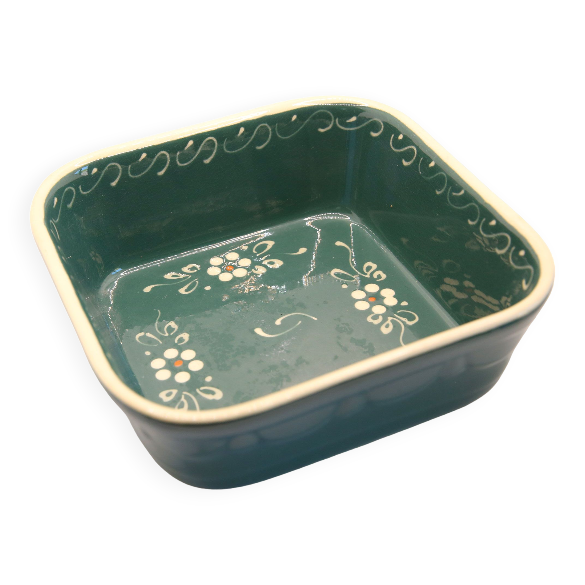 Artisanal square gratin dish of Alsace green with flowers