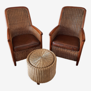 Set of 2 armchairs in woven rattan and exotic wood - Garden furniture