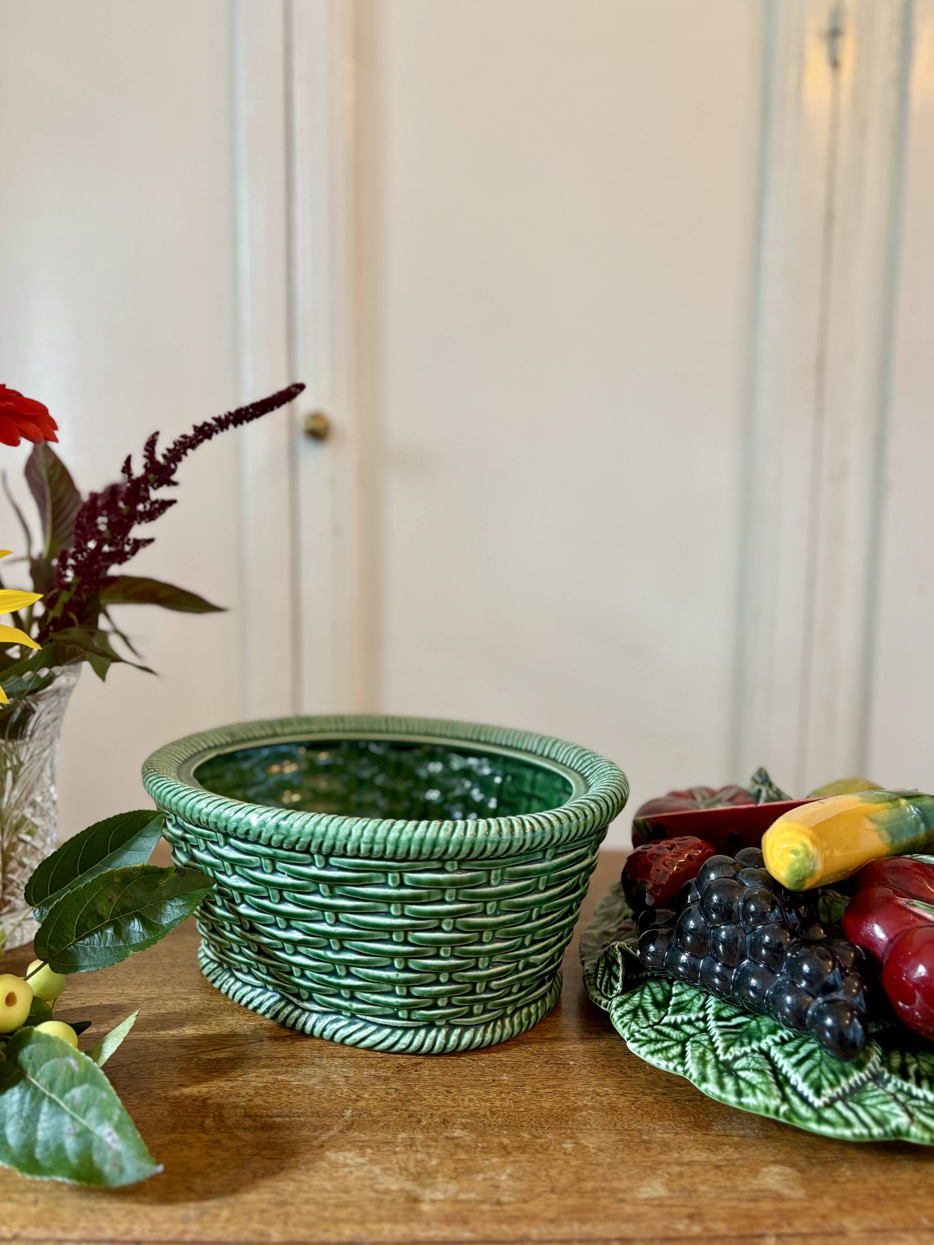 Vintage barbotine dish with fruit decorations