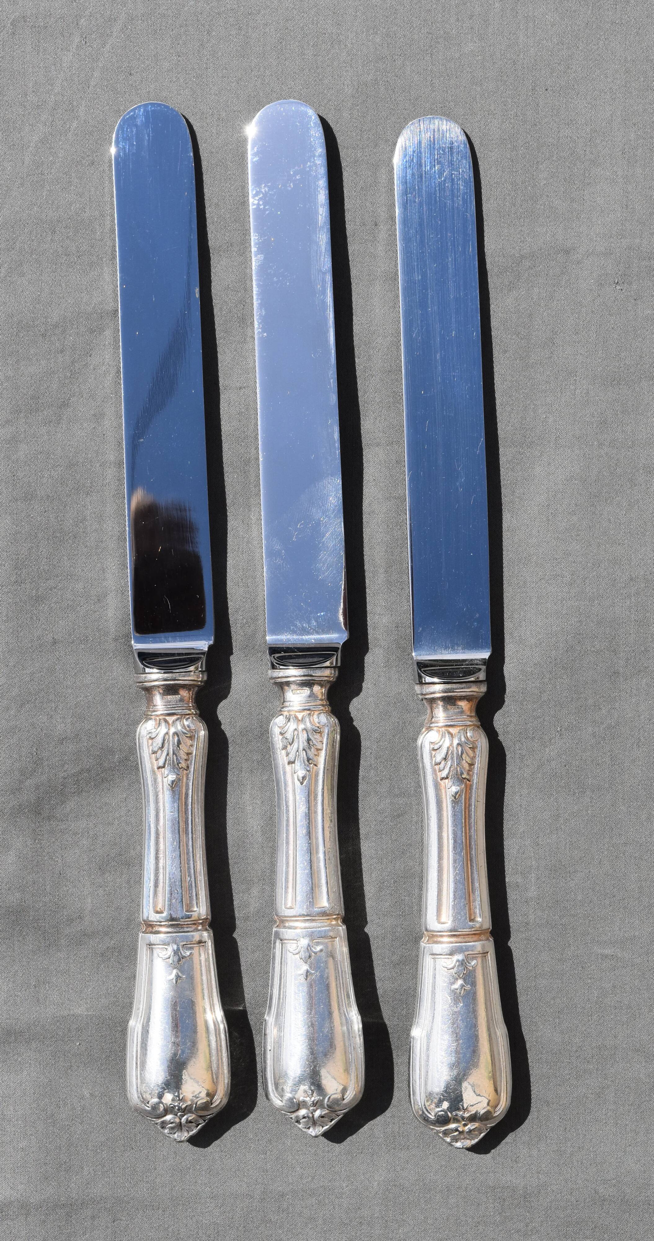12 table knives in silver metal decor rocaille louis xv