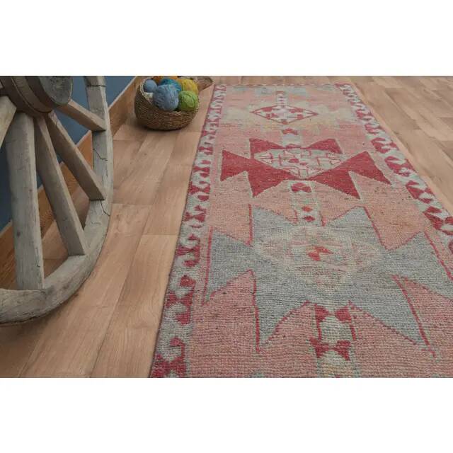 1970s Vintage Turkish Handmade Wool & Cotton Pink Runner Rug 100X349