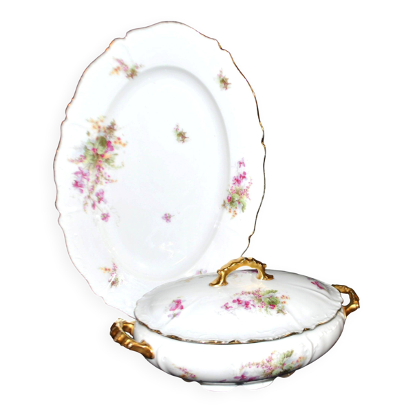 Soupière légumier vintage en porcelaine fleurie et dorure + plat ovale