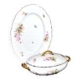 Soupière légumier vintage en porcelaine fleurie et dorure + plat ovale