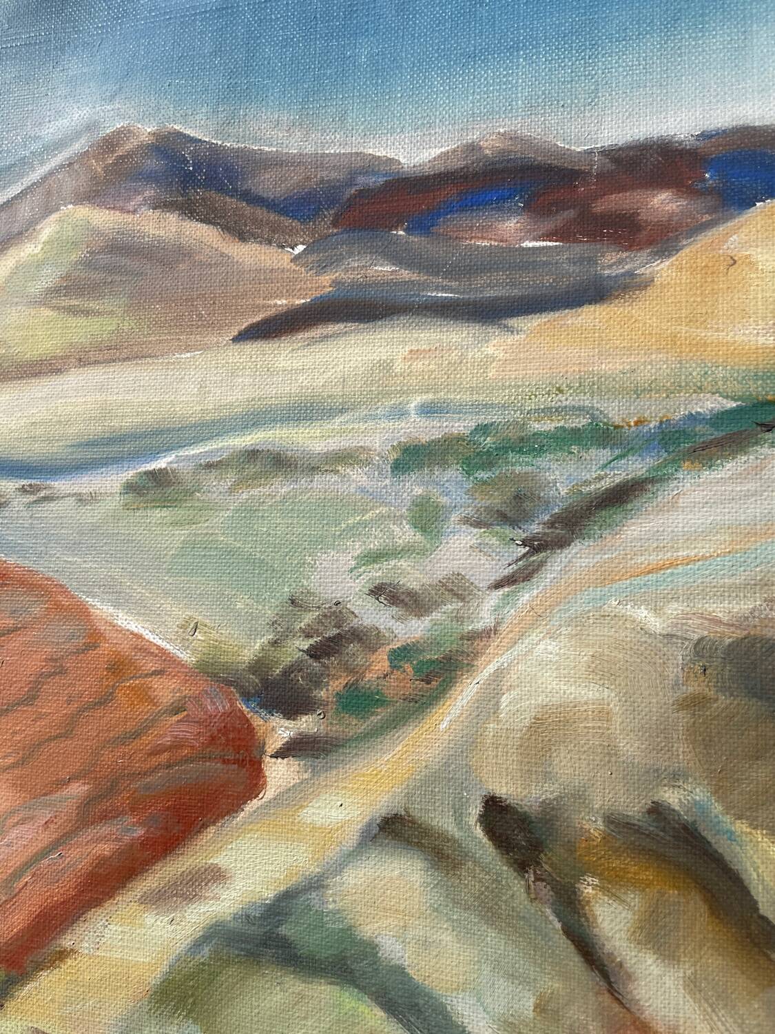 Old painting oil on canvas mountain and shepherd