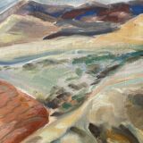 Old painting oil on canvas mountain and shepherd