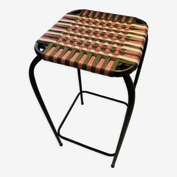Hand-woven metal bar stool in colored ropes