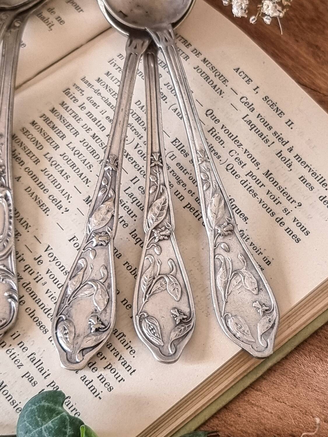 6 small spoons, silver metal 5gr, mix of 2 models, art nouveau style