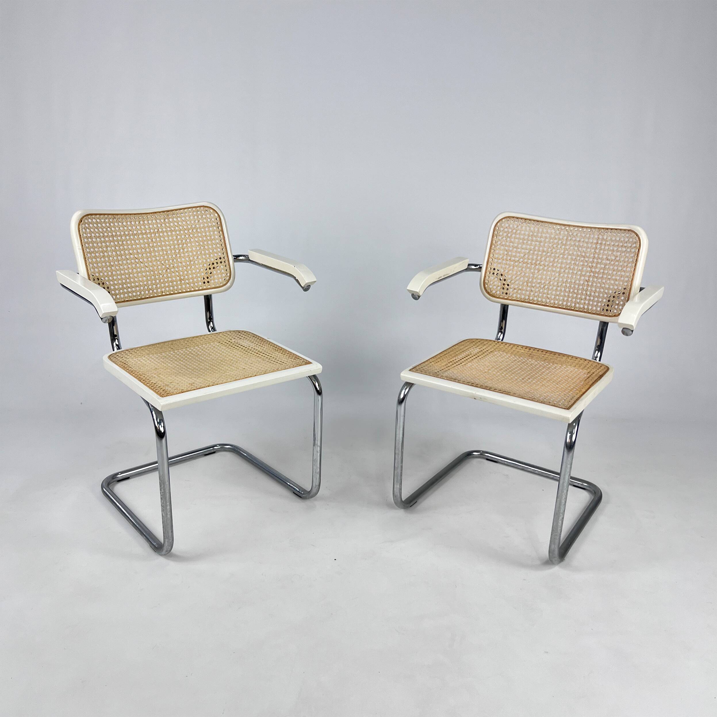 Set of 2 Tubular Frame and Cane Cantilever Arm chairs, Italy, 1970s