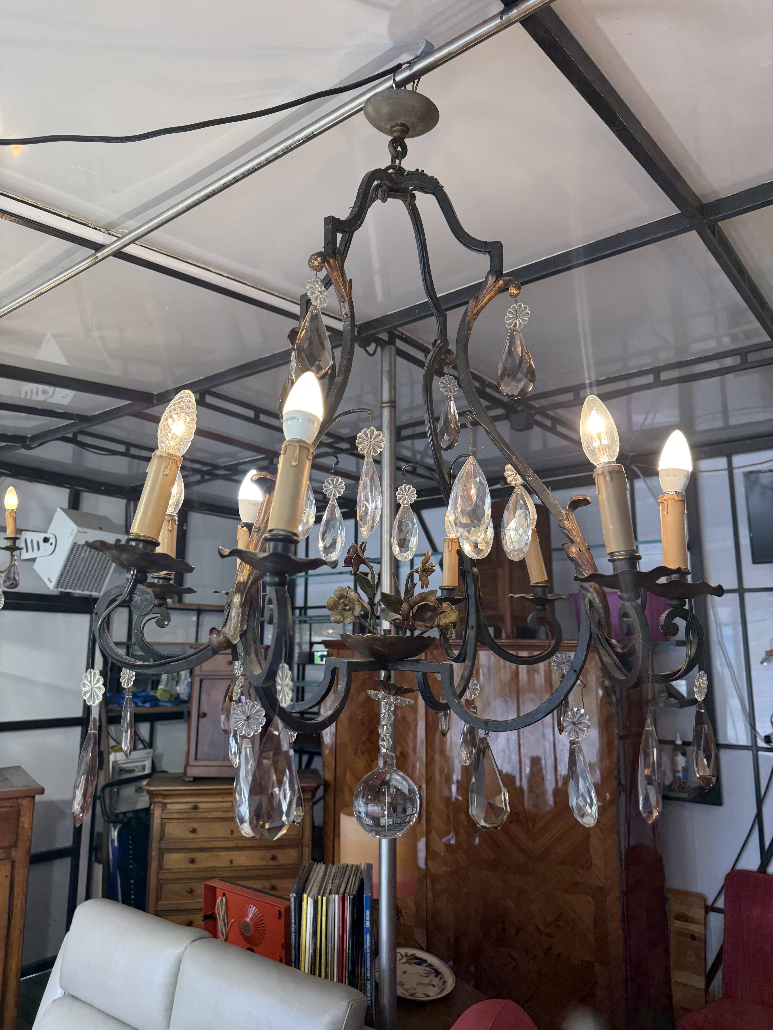 Lustre cage with 8 lights - Louis XV style with flowers 98 X 80