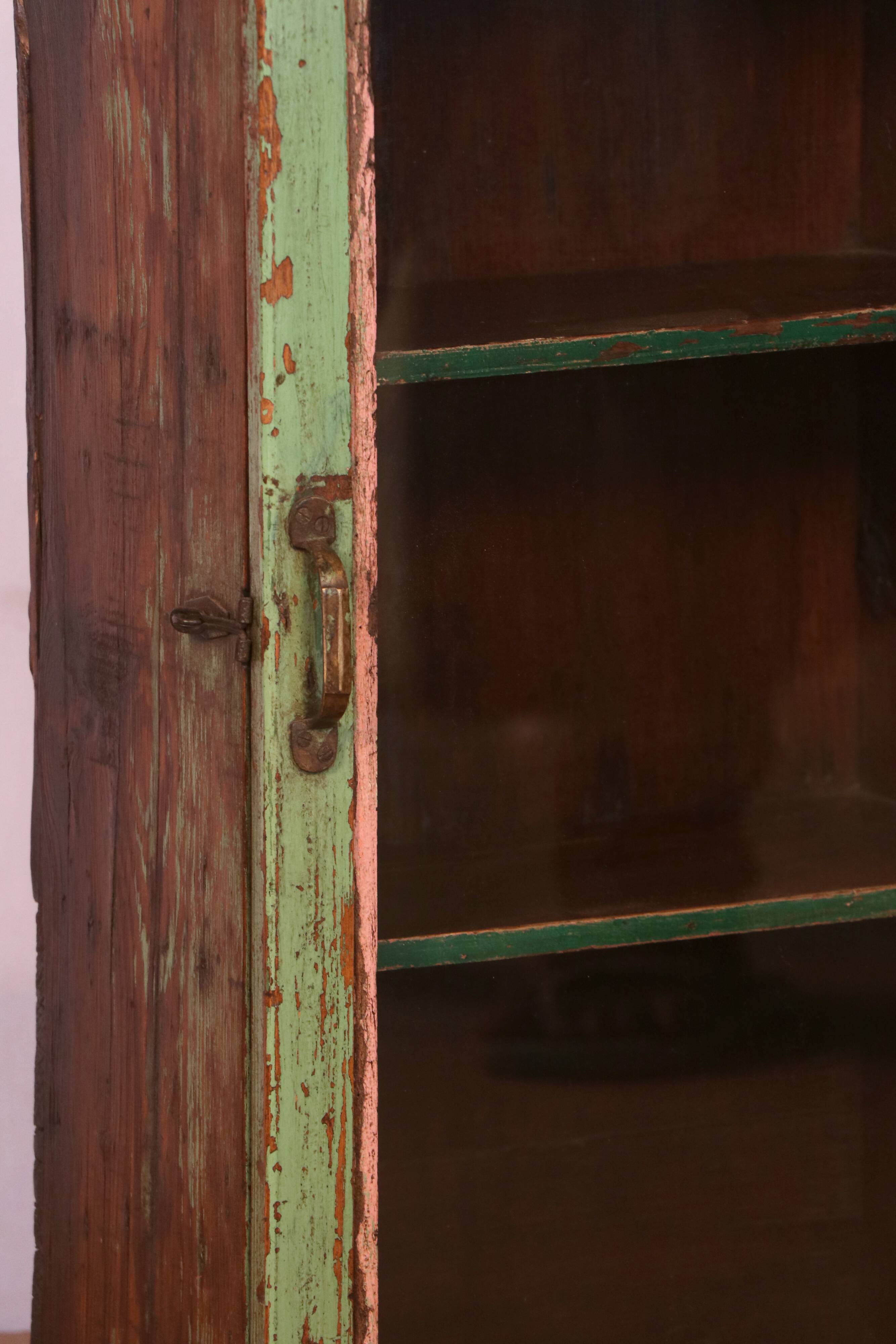 old Art Deco wall display case in original green teak