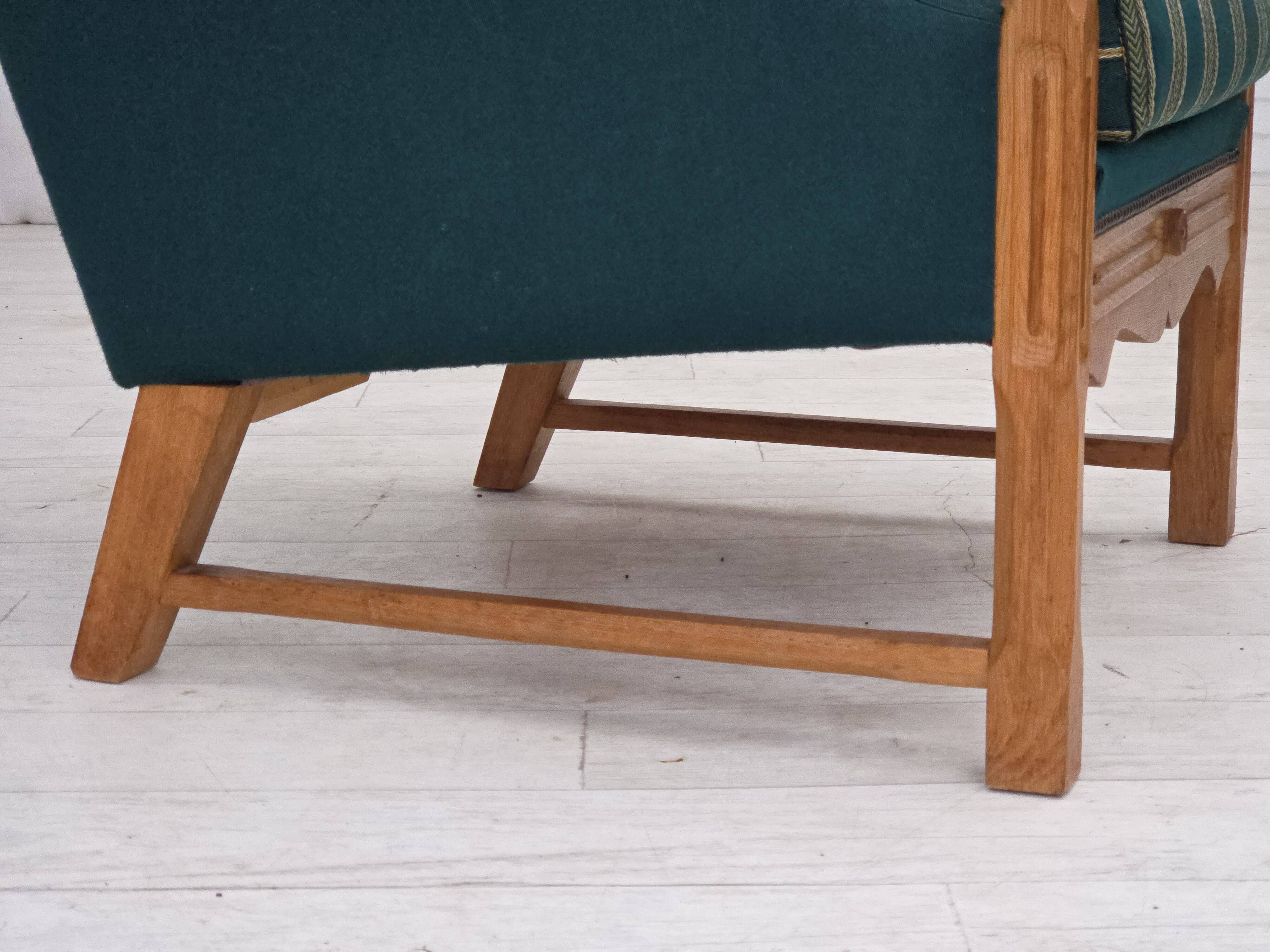 1970s, Danish high back armchair, furniture wool, solid oak wood.