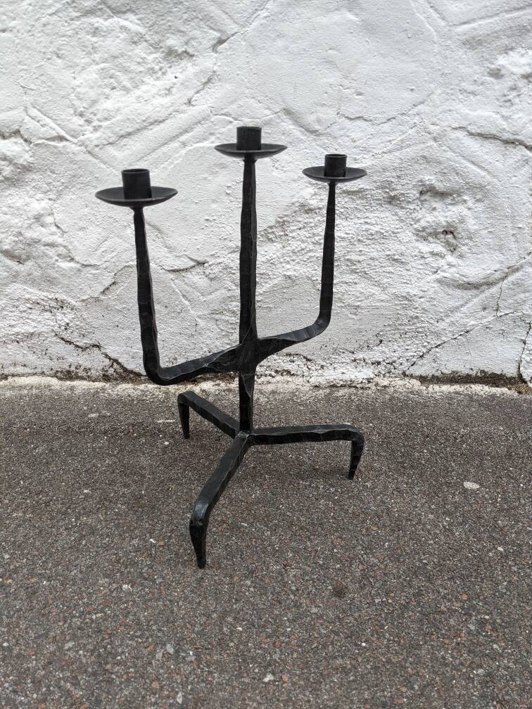 Tripod candlestick wrought iron brutalist design ironwork art candle holder