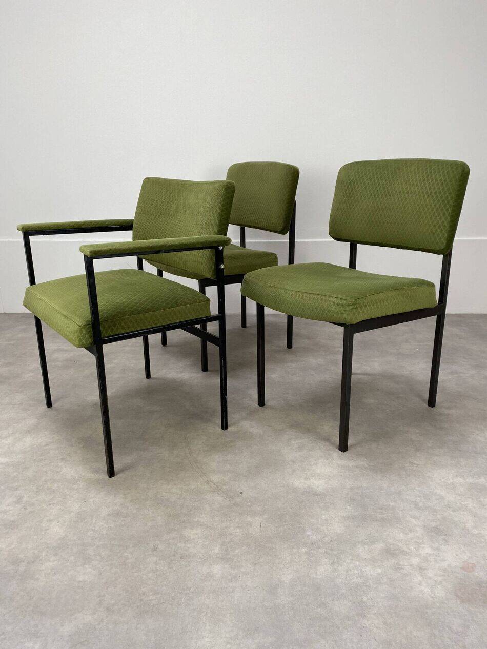 2 chairs and 1 office armchair from the 1950s in green velvet and black metal.