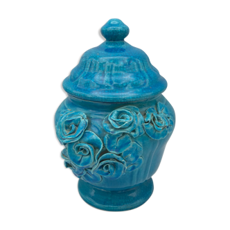 BONBONNIÈRE POT in CRETED CERAMICs and varnished BLEU floral sculpture decoration